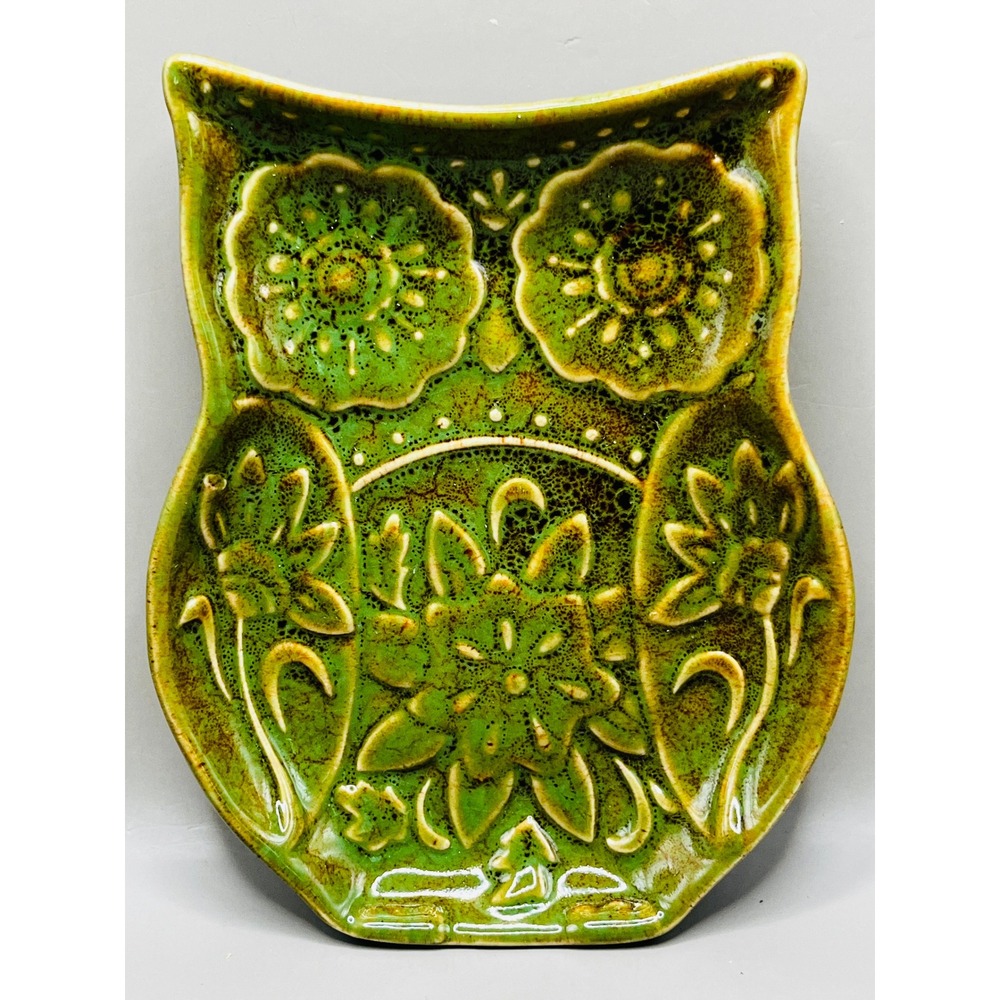 Ceramic Green Woodsy Floral Owl Spoon Rest Cracker Barrel Woodland Embossed 5.5"